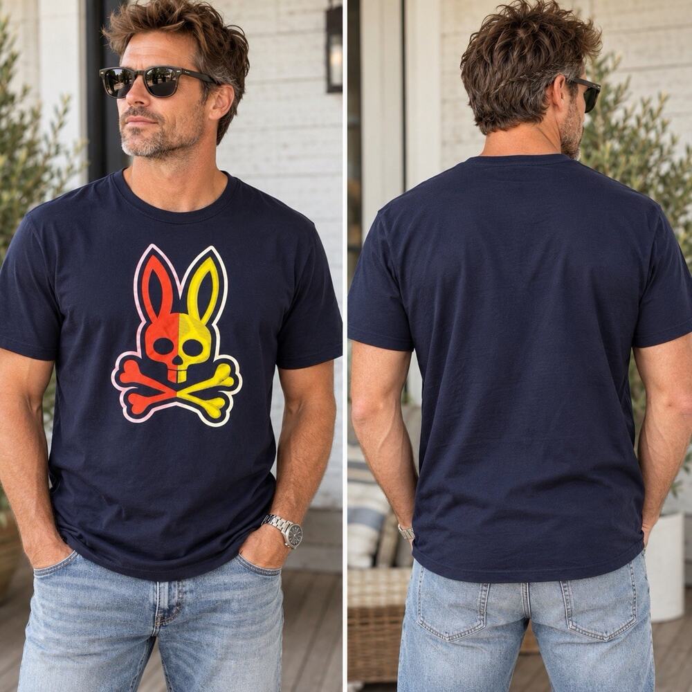 Psycho Bunny Men’s XL 7 Navy Graphic T-Shirt Skull Crossbones Pima Cotton